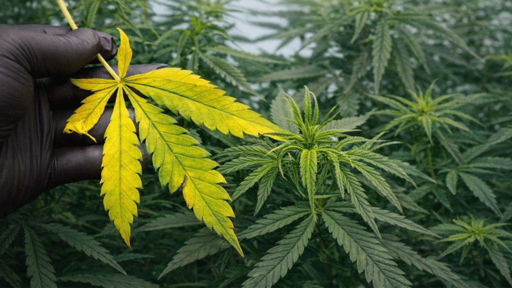 A hand wearing a black glove holds a yellow cannabis leaf in front of green cannabis plants, showcasing the contrast between the yellowing leaf and the healthy greenery.